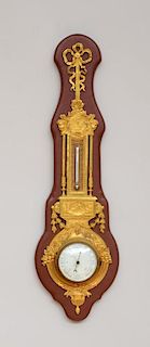 LOUIS XVI STYLE GILT-BRONZE-MOUNTED LEATHER-CLAD THERMOMETER/BAROMETER