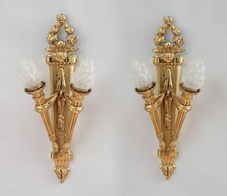 PAIR OF EMPIRE STYLE GILT-BRONZE TWO-LIGHT WALL SCONCES