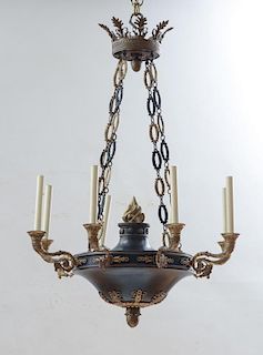 EMPIRE STYLE PATINATED AND GILT-METAL EIGHT-LIGHT CHANDELIER