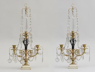 PAIR OF LOUIS XVI STYLE GLASS-MOUNTED GILT-BRONZE AND MARBLE TWO-LIGHT CANDELABRA
