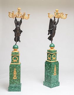 FINE PAIR OF EMPIRE STYLE ORMOLU AND PATINATED BRONZE-MOUNTED MALACHITE EIGHT-LIGHT CANDELABRA, AFTER A MODEL BY PIERRE-PHILIPPE THOMIRE