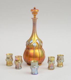 TIFFANY FAVRILE GLASS LIQUEUR DECANTER AND STOPPER AND FIVE MATCHING LIQUEURS