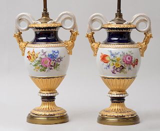 PAIR OF PORCELAIN URNS, MOUNTED AS LAMPS