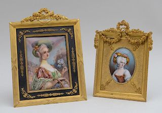 TWO LOUIS XVI STYLE FRAMED WITH ENAMEL PORTRAITS ON COPPER AND A MINIATURE ON CELLULOID OF MADAME RÉCAMIER