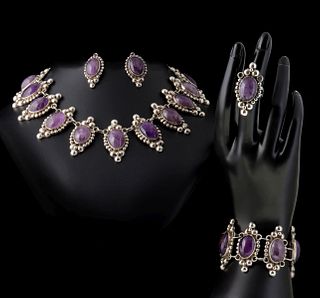 MEXICAN SILVER AND AMETHYST FOUR PIECE SUITE