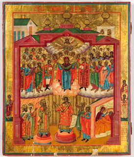A LARGE EARLY 19TH C. RUSSIAN TEMPERA ON WOOD ICON