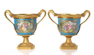 FINE 19TH CENT SEVRES PORCELAIN AND BRONZE WINE COOLERS