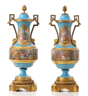 SEVRES STYLE FRENCH PORCELAIN AND GILT BRONZE URNS