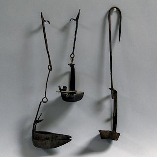 Three Wrought Iron Betty Lamps and Hangers