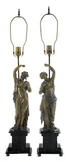 Pair Patinated Bronze Figures of