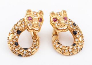 Cartier Style 14K Gold Ruby & Diamond Earrings
