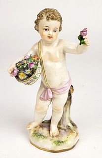 19th C. Meissen Porcelain Figure of Boy w/ Flowers . Measures H: 5 1/4"