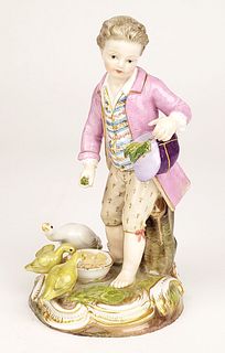 19th C. Meissen Porcelain Figure of Boy Feeding Ducks. Measures H: 5"