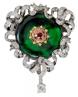 Fine Antique Jade* and Diamond Brooch