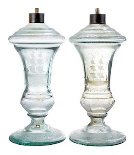 Pair Glass Oil Lamps with Sailing Ship