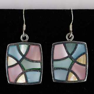 STERLING SILVER BLUE PINK GREEN STONE SQUARE EARRINGS 925 NEW OLD STOCK (180)
