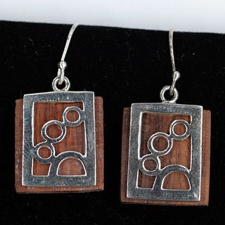 STERLING SILVER WOOD BROWN SQUARE BUBBLE DESIGN EARRINGS 925 NEW OLD STOCK (171)