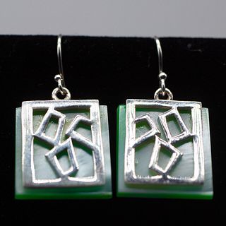 STERLING SILVER MINT GREEN SQUARE GEOMETRIC DESIGN EARRINGS NEW OLD STOCK (161)