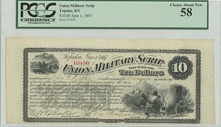1867 June 1 $10 Union Military Scrip Topeka KS PCGS CH AU58
