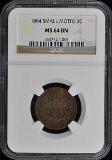 1864 SMALL MOTTO Two Cent Piece 2C NGC MS64BN