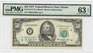 1977 $50 Federal Reserve Note Atlanta Fr# 2119-F PMG 63 EPQ