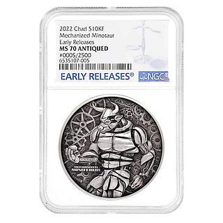 2022 Chad 2 oz Silver Mechanized Minotaur Coin Serial #5 NGC MS 70 ER Antiqued High Relief