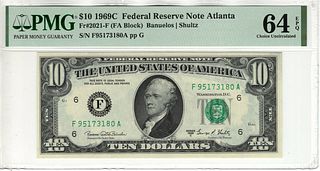 1969 C $10 FEDERAL RESERVE NOTE ATLANTA FR.2021-F FA BLOCK PMG CHOICE UNC 64 EPQ