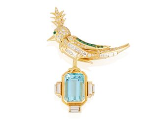 An Alopa aquamarine, emerald and diamond bird brooch