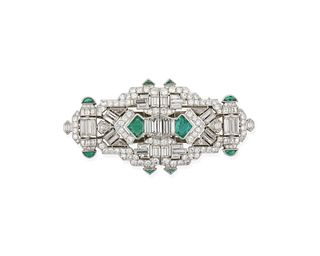 An Art Deco emerald and diamond double-clip brooch