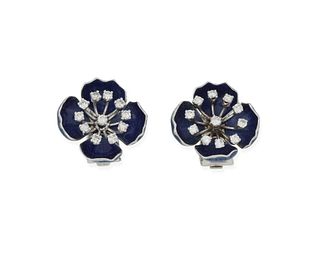 A pair of Boucheron enamel and diamond flower ear clips