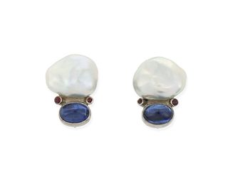 A pair of baroque freshwater pearl, sapphire and ruby ear clips
