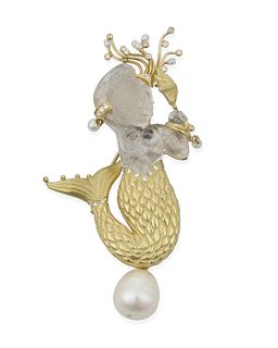 A carved rock crystal, South Sea cultured pearl and diamond mermaid brooch