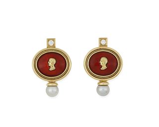 A pair of Elizabeth Gage enamel, diamond and cultured pearl earrings