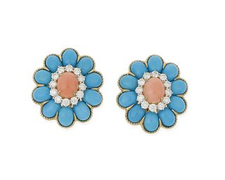 A pair of coral, turquoise and diamond earrings