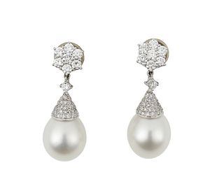 A pair of South Sea cultured pearl and diamond ear clips