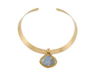 An opal and diamond pendant collar necklace