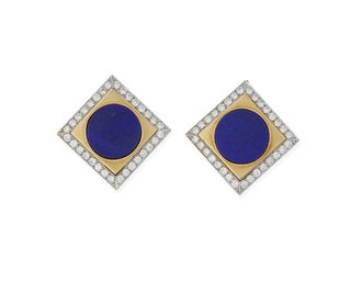 A pair of lapis lazuli and diamond ear clips