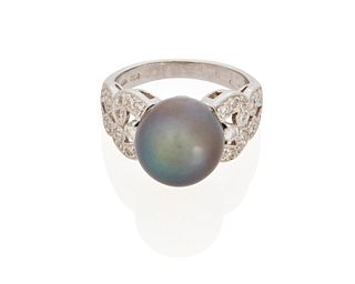 A Tahitian cultured pearl and diamond ring