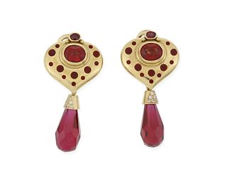 A pair of spinel, enamel, diamond and synthetic ruby ear clips