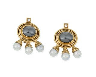 A pair of Elizabeth Gage hematite, diamond and cultured pearl ear clips