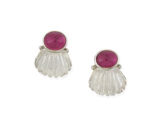 A pair of pink tourmaline and rock crystal ear clips