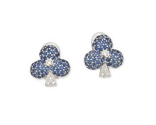A pair of sapphire and diamond clover ear clips