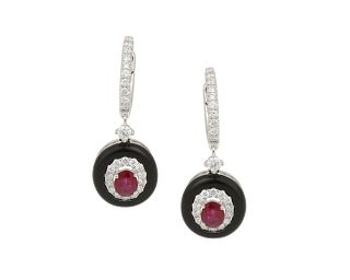 A pair of ruby, onyx and diamond earrings