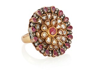A ruby, diamond and garnet floret ring