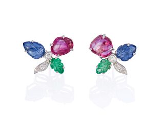 A pair of carved gemstone and diamond earrings