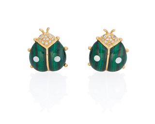 A pair of malachite, mother-of-pearl and diamond ladybug ear clips