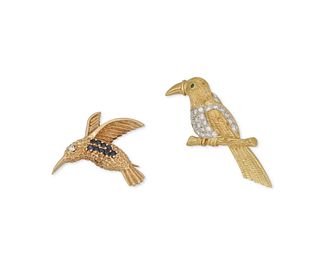 Two bird brooches