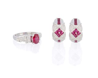 Two ruby and diamond jewelry items