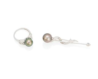 Two Tahitian cultured pearl and diamond jewelry items