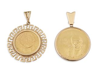 A Mexican $20 gold coin and a Commemorative medal